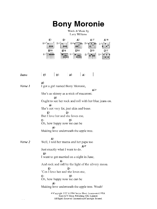 Larry Williams Bony Moronie Sheet Music Notes & Chords for Guitar Chords/Lyrics - Download or Print PDF