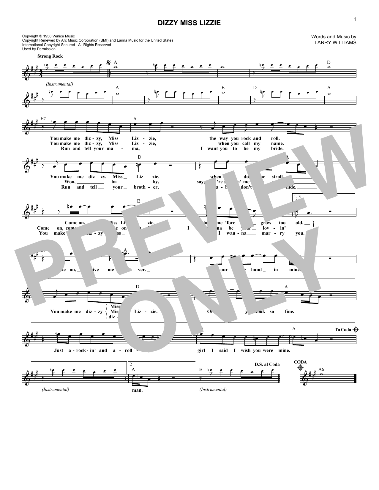 Larry Williams Dizzy Miss Lizzie Sheet Music Notes & Chords for Melody Line, Lyrics & Chords - Download or Print PDF