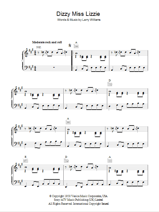 Larry Williams Dizzy Miss Lizzy Sheet Music Notes & Chords for Piano, Vocal & Guitar (Right-Hand Melody) - Download or Print PDF