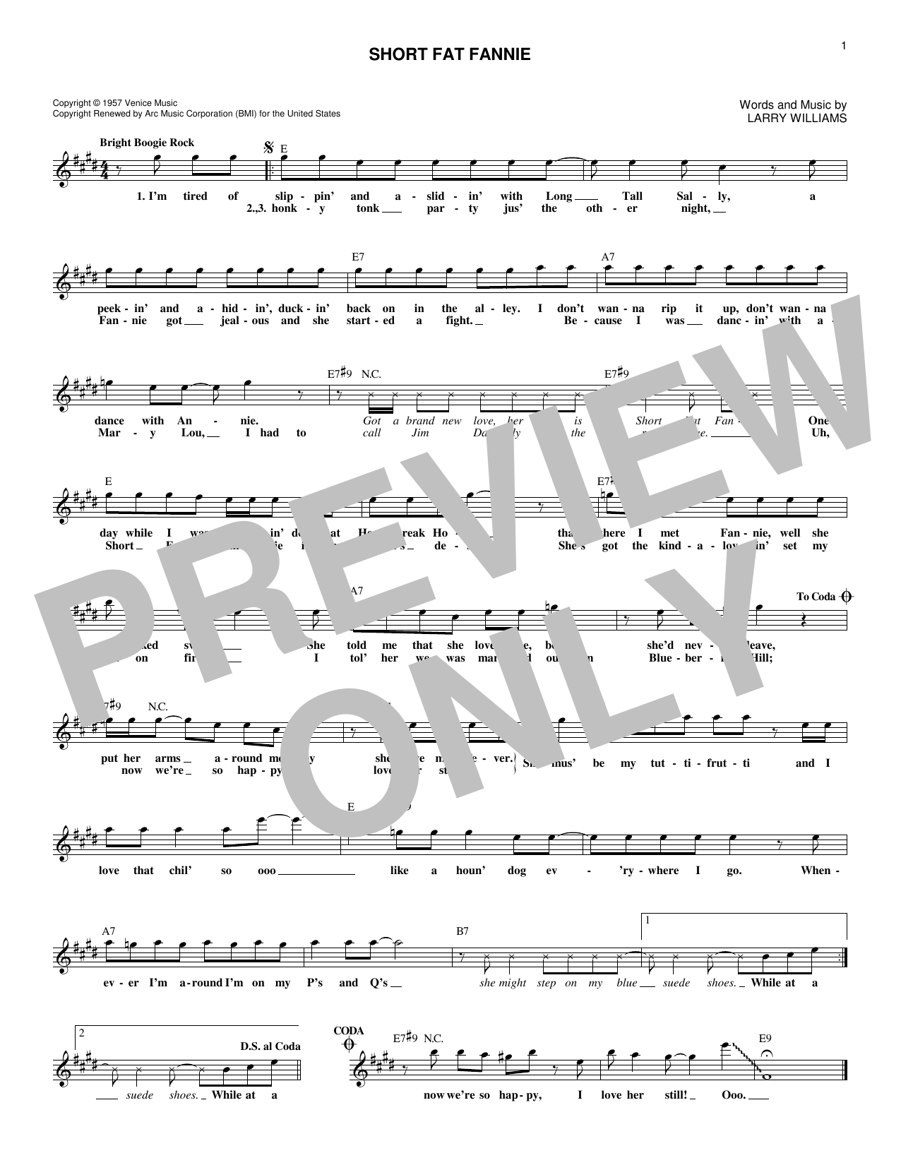 Larry Williams Short Fat Fannie Sheet Music Notes & Chords for Melody Line, Lyrics & Chords - Download or Print PDF