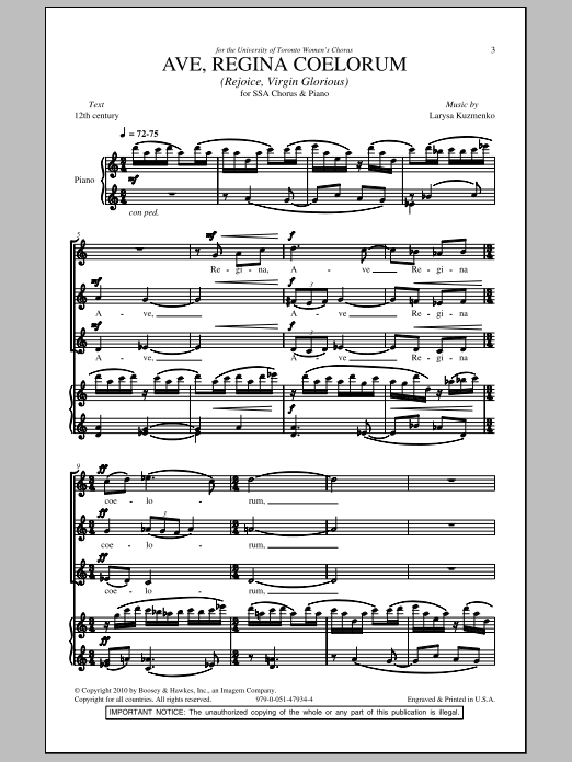 Larysa Kuzmenko Ave, Regina Coelorum (Rejoice, Virgin Glorious) Sheet Music Notes & Chords for SSA - Download or Print PDF