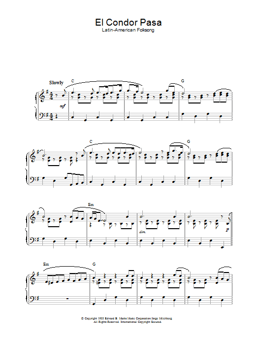 Latin-American Folksong El Condor Pasa Sheet Music Notes & Chords for Piano - Download or Print PDF