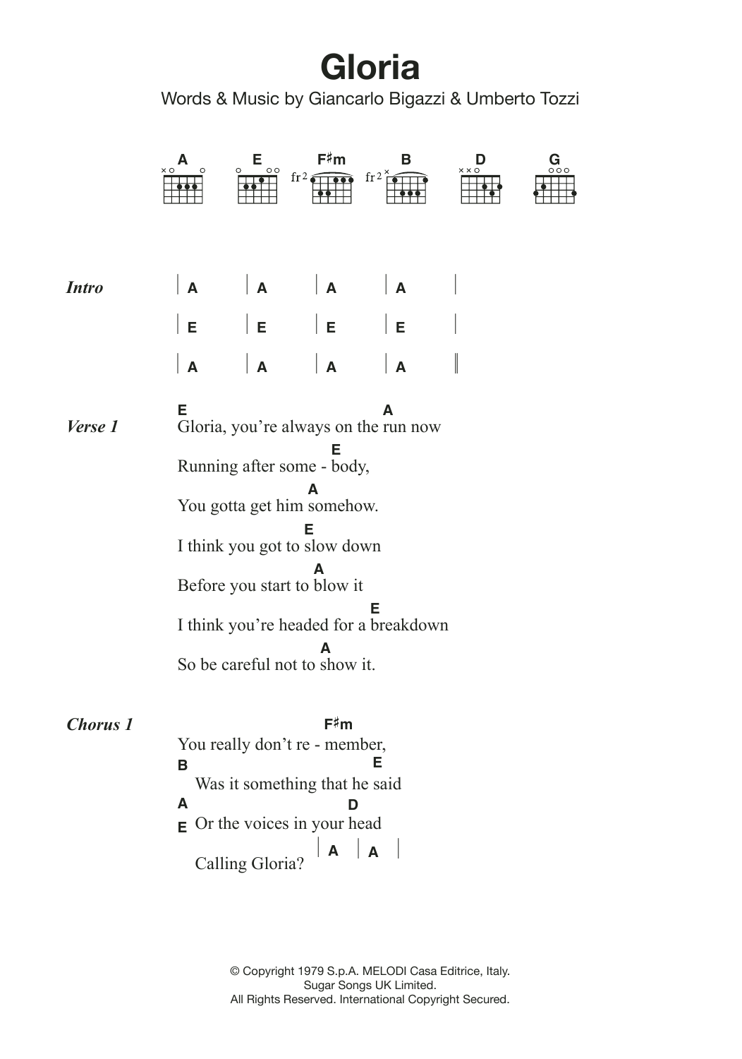 Laura Branigan Gloria Sheet Music Notes & Chords for Lyrics & Chords - Download or Print PDF
