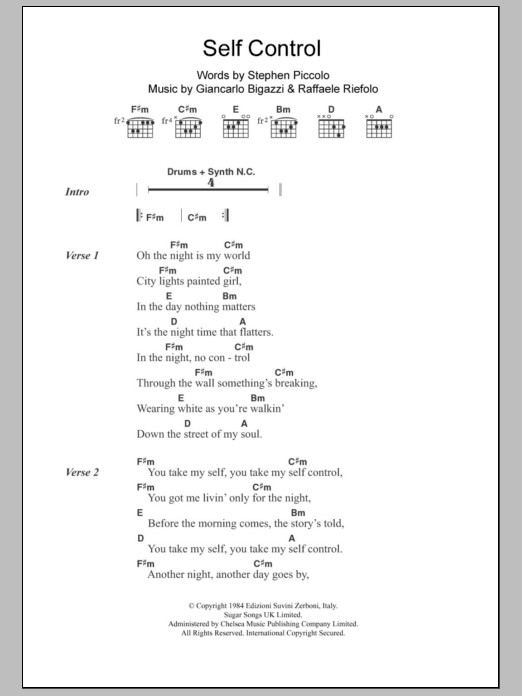 Laura Branigan Self Control Sheet Music Notes & Chords for Lyrics & Chords - Download or Print PDF