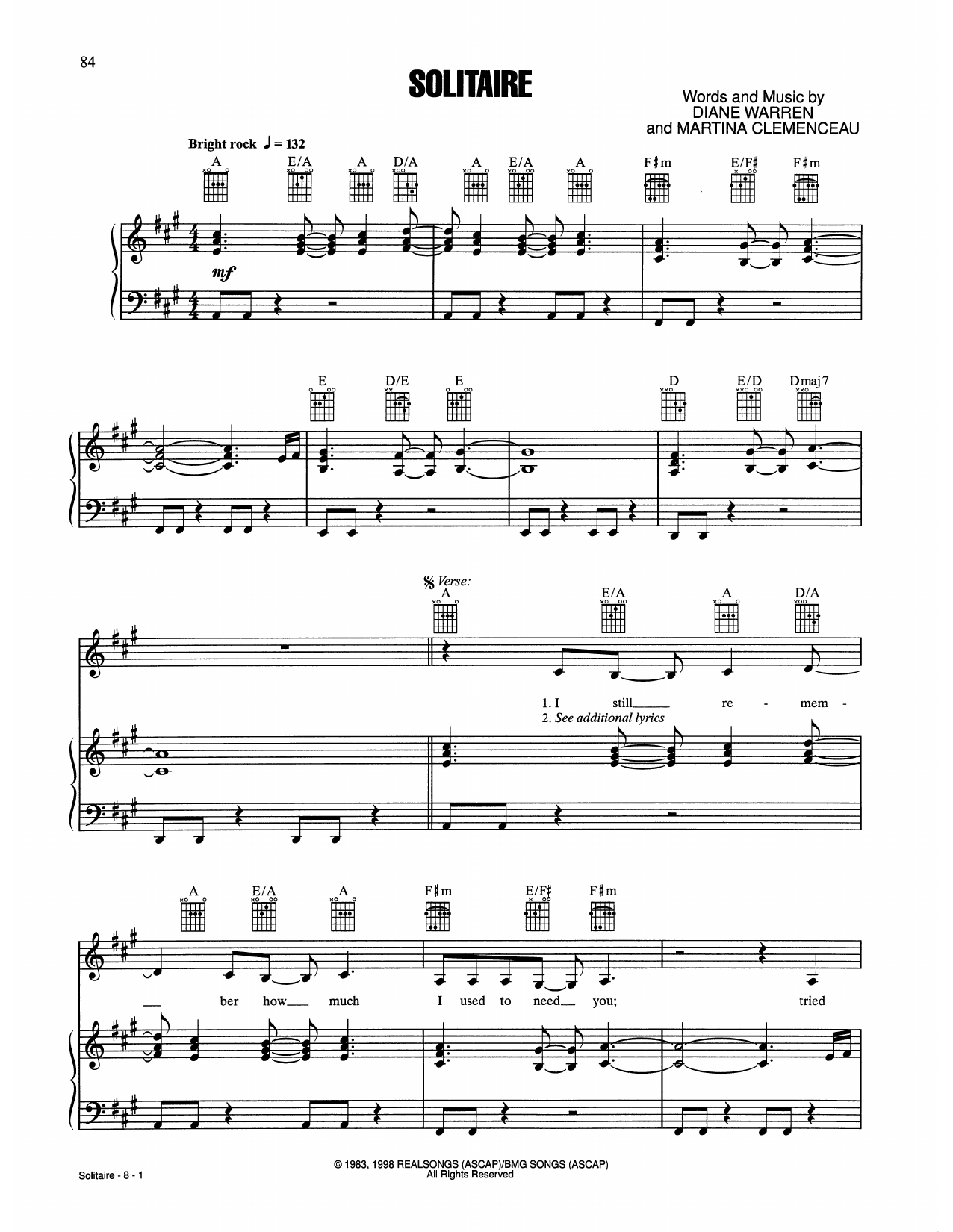 Laura Branigan Solitaire Sheet Music Notes & Chords for Piano, Vocal & Guitar Chords (Right-Hand Melody) - Download or Print PDF