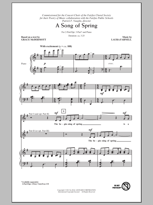Laura Farnell A Song Of Spring Sheet Music Notes & Chords for 2-Part Choir - Download or Print PDF