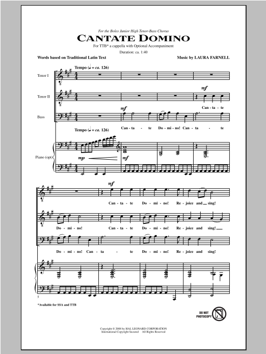 Laura Farnell Cantate Domino Sheet Music Notes & Chords for TTBB - Download or Print PDF