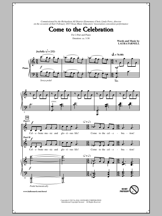 Laura Farnell Come To The Celebration Sheet Music Notes & Chords for 2-Part Choir - Download or Print PDF