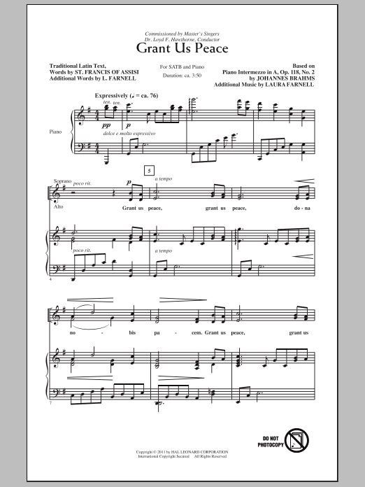 Johannes Brahms Grant Us Peace (arr. Laura Farnell) Sheet Music Notes & Chords for SATB - Download or Print PDF