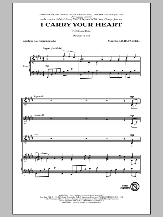 Laura Farnell I Carry Your Heart Sheet Music Notes & Chords for SSA - Download or Print PDF