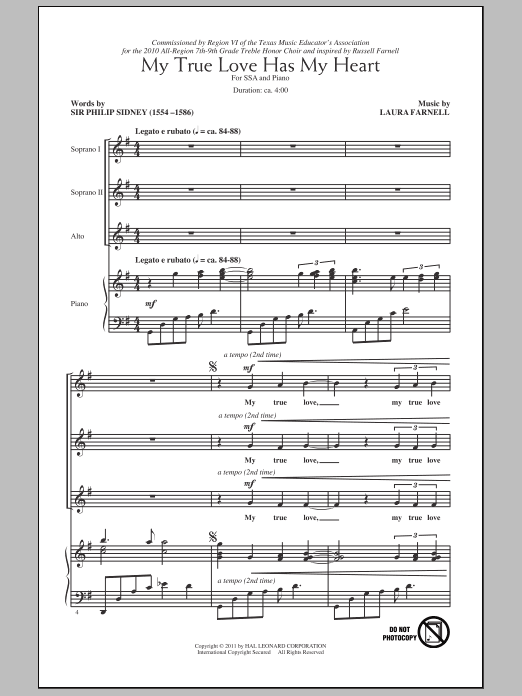 Laura Farnell My True Love Has My Heart Sheet Music Notes & Chords for SSA - Download or Print PDF