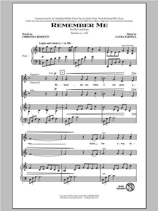 Laura Farnell Remember Me Sheet Music Notes & Chords for SSA - Download or Print PDF