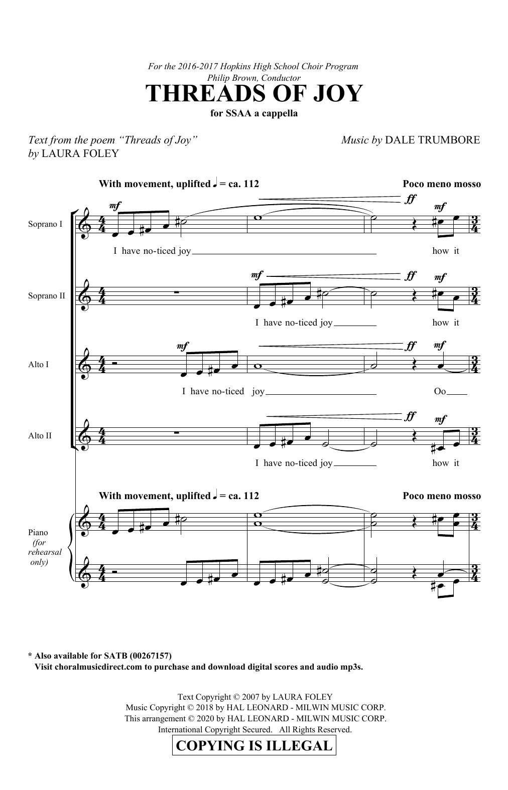 Laura Foley and Dale Trumbore Threads Of Joy Sheet Music Notes & Chords for SSAA Choir - Download or Print PDF
