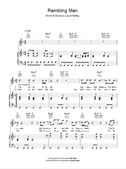 Laura Marling Rambling Man Sheet Music Notes & Chords for Piano, Vocal & Guitar - Download or Print PDF