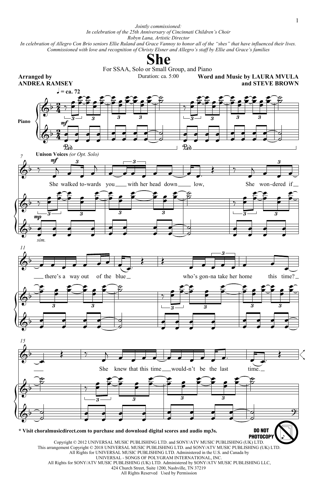 Laura Mvula She (arr. Andrea Ramsey) Sheet Music Notes & Chords for SSA Choir - Download or Print PDF
