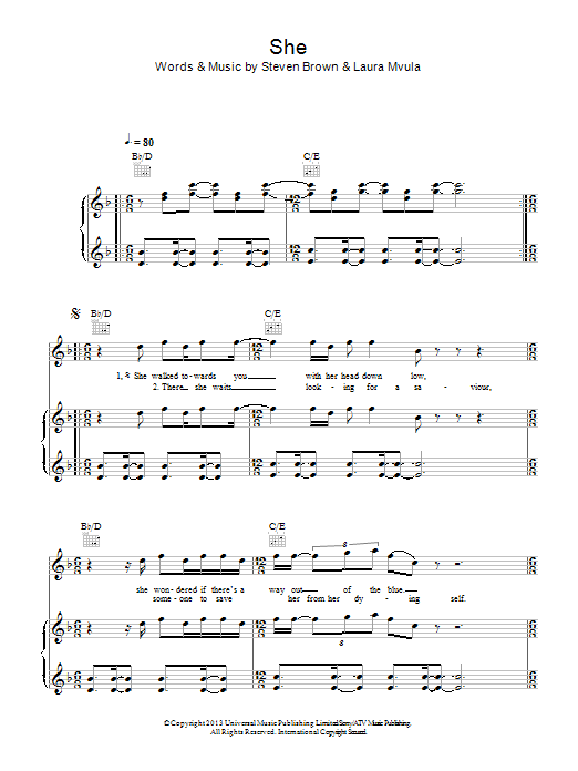 Laura Mvula She Sheet Music Notes & Chords for Piano, Vocal & Guitar (Right-Hand Melody) - Download or Print PDF