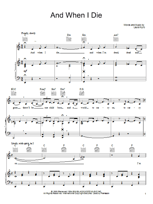 Laura Nyro And When I Die Sheet Music Notes & Chords for Piano, Vocal & Guitar (Right-Hand Melody) - Download or Print PDF