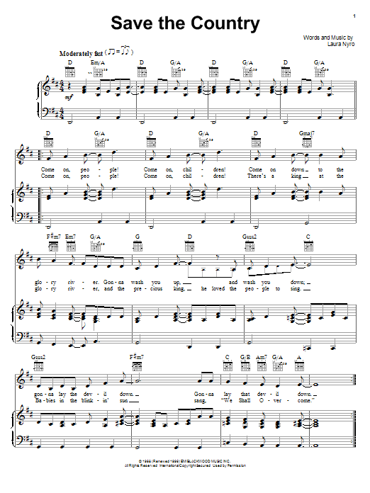 Laura Nyro Save The Country Sheet Music Notes & Chords for Piano, Vocal & Guitar (Right-Hand Melody) - Download or Print PDF