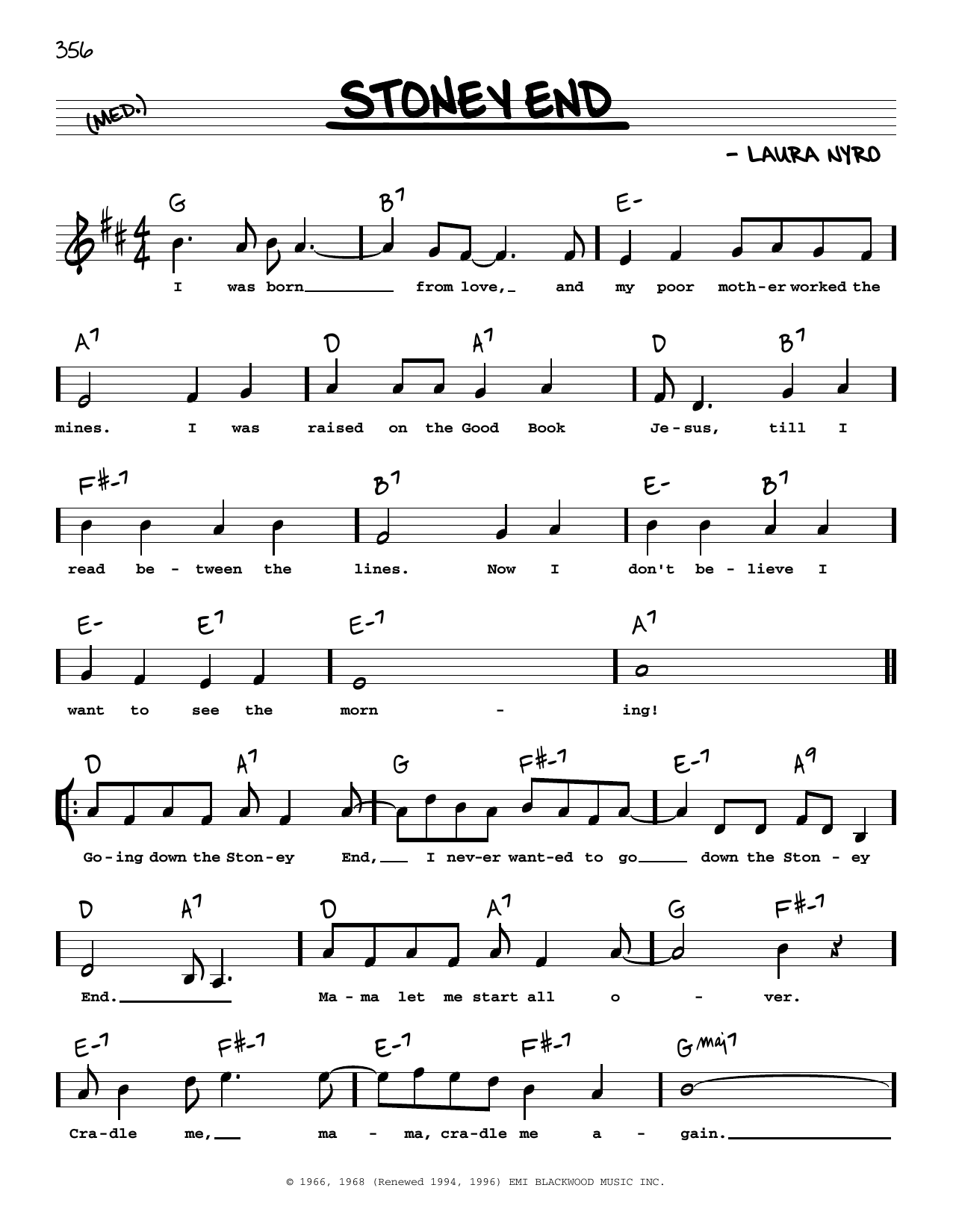 Laura Nyro Stoney End (High Voice) Sheet Music Notes & Chords for Real Book – Melody, Lyrics & Chords - Download or Print PDF