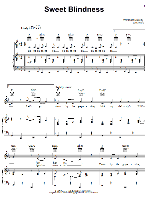 Laura Nyro Sweet Blindness Sheet Music Notes & Chords for Piano, Vocal & Guitar (Right-Hand Melody) - Download or Print PDF