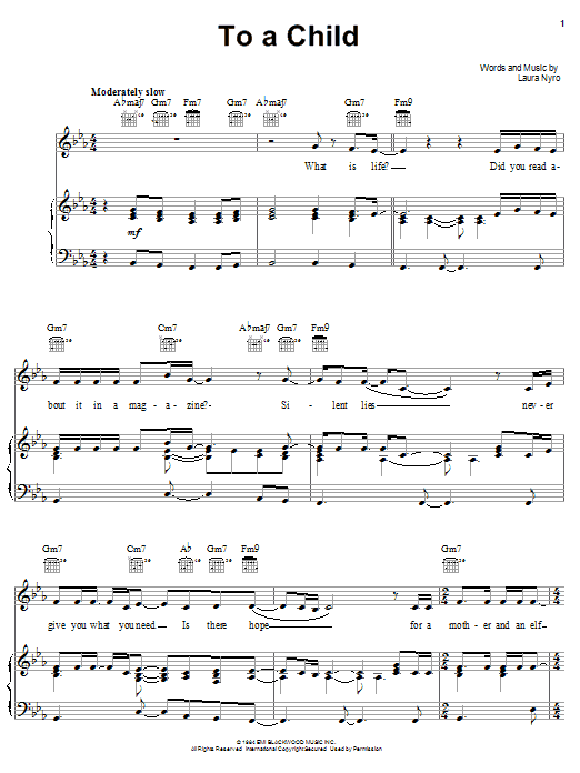 Laura Nyro To A Child Sheet Music Notes & Chords for Piano, Vocal & Guitar (Right-Hand Melody) - Download or Print PDF Laura Nyro To A Child Sheet Music Notes & Chords for Piano, Vocal & Guitar (Right-Hand Melody) - Download or Print PDF