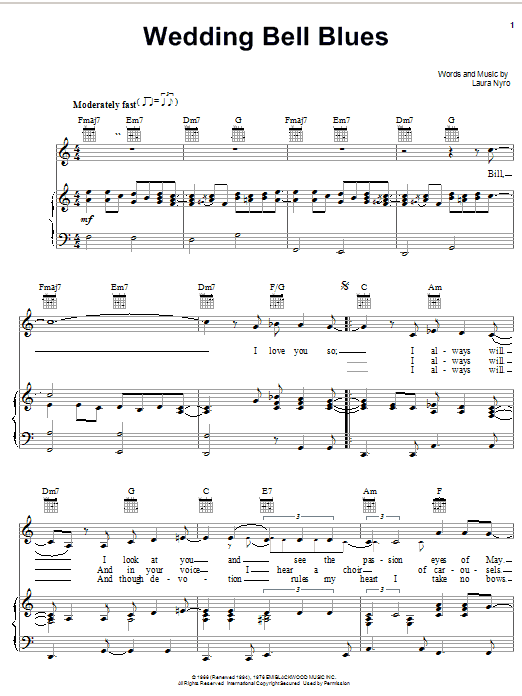 Laura Nyro Wedding Bell Blues Sheet Music Notes & Chords for Piano, Vocal & Guitar (Right-Hand Melody) - Download or Print PDF