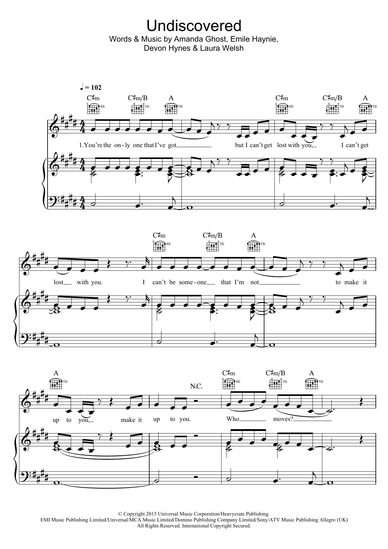 Laura Welsh Undiscovered (from 'Fifty Shades Of Grey') Sheet Music Notes & Chords for Piano, Vocal & Guitar (Right-Hand Melody) - Download or Print PDF