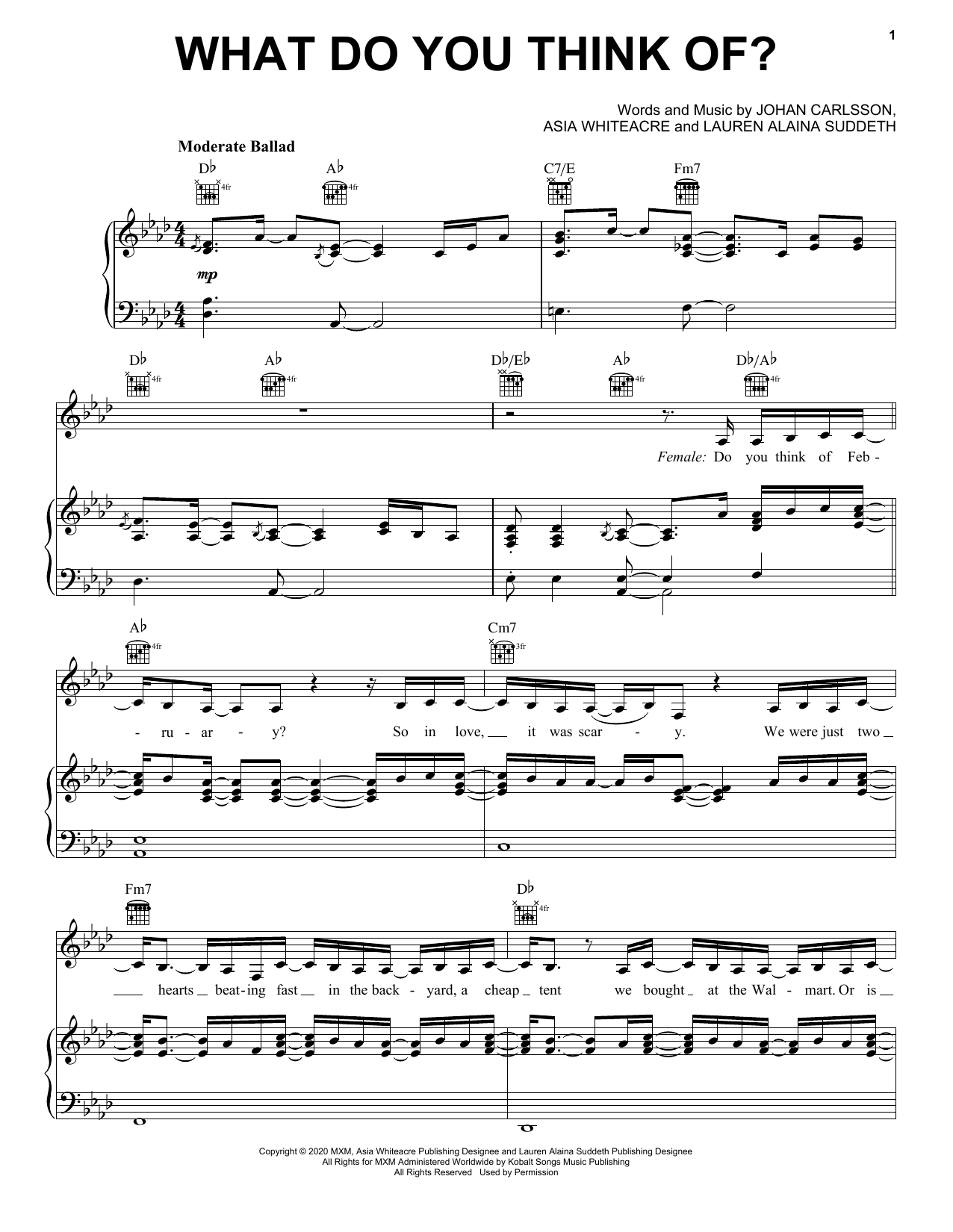 Lauren Alaina & Lukas Graham What Do You Think Of? Sheet Music Notes & Chords for Piano, Vocal & Guitar (Right-Hand Melody) - Download or Print PDF