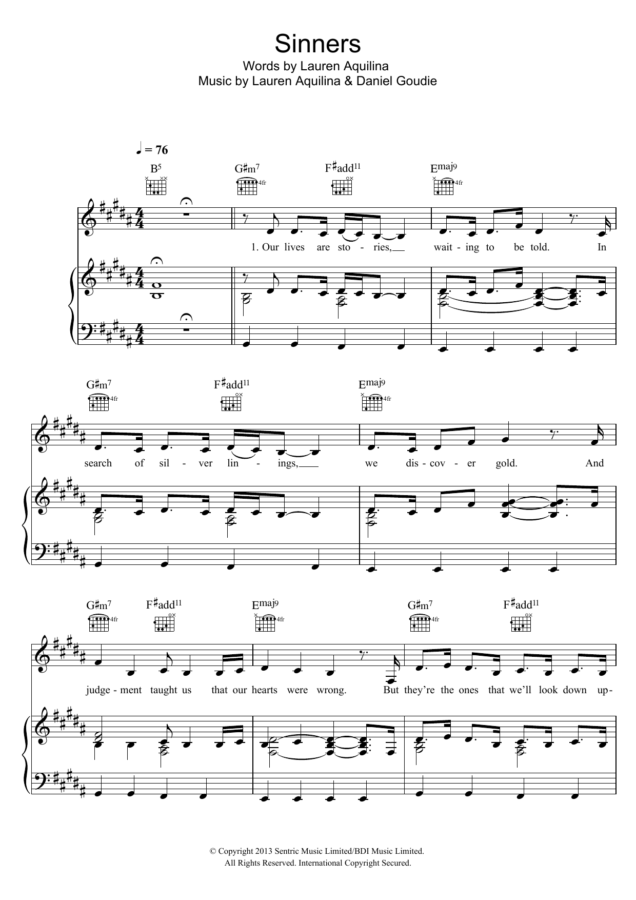 Lauren Aquilina Sinners Sheet Music Notes & Chords for Piano, Vocal & Guitar (Right-Hand Melody) - Download or Print PDF