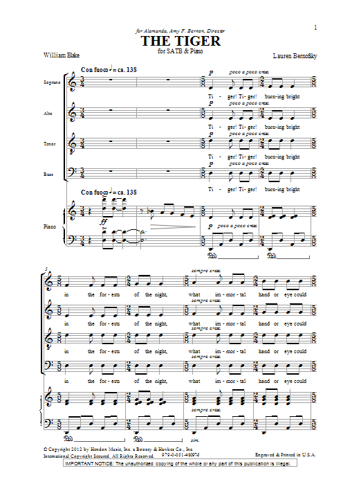 Lauren Bernofsky The Tiger Sheet Music Notes & Chords for SATB - Download or Print PDF