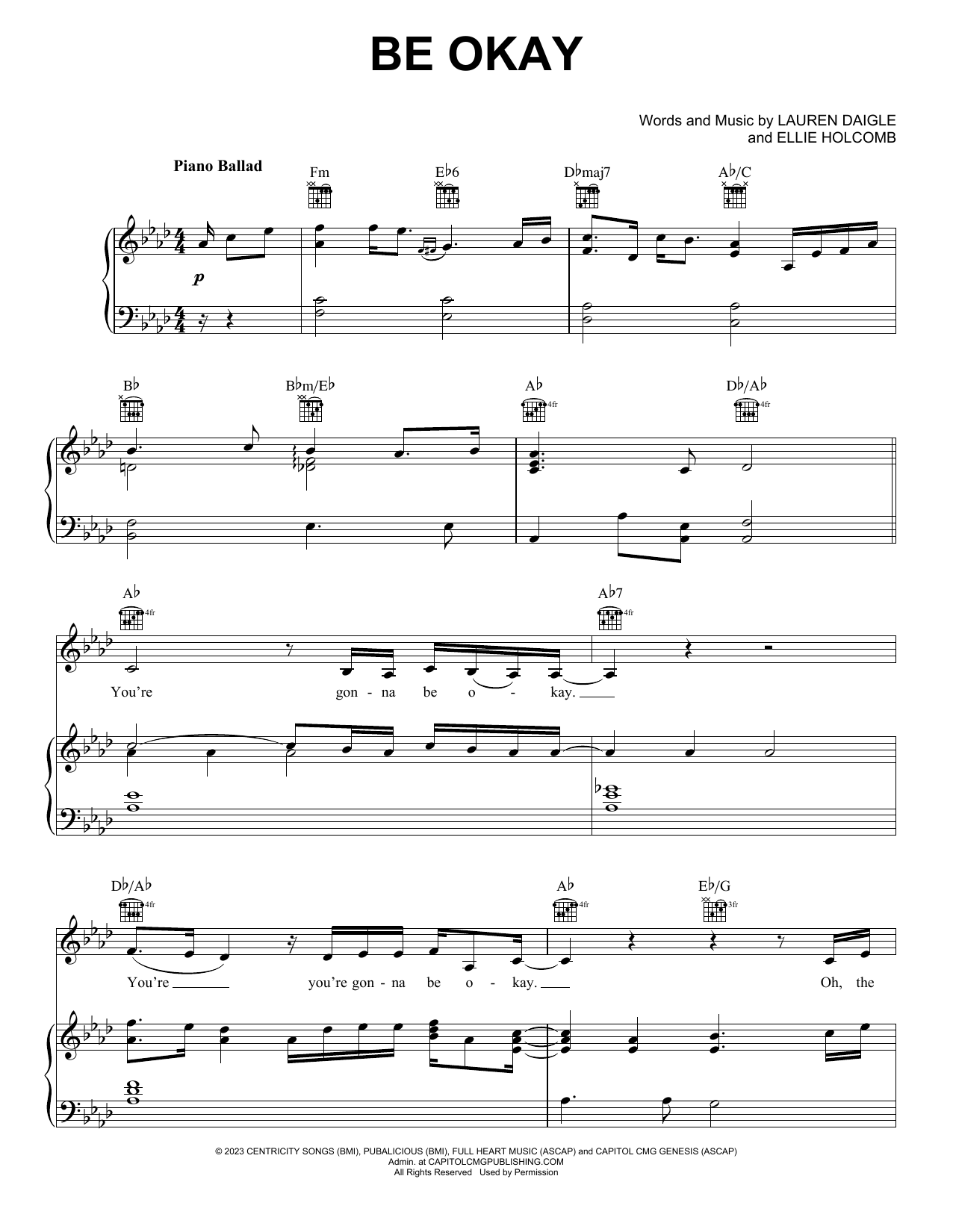 Lauren Daigle Be Okay Sheet Music Notes & Chords for Piano, Vocal & Guitar Chords (Right-Hand Melody) - Download or Print PDF