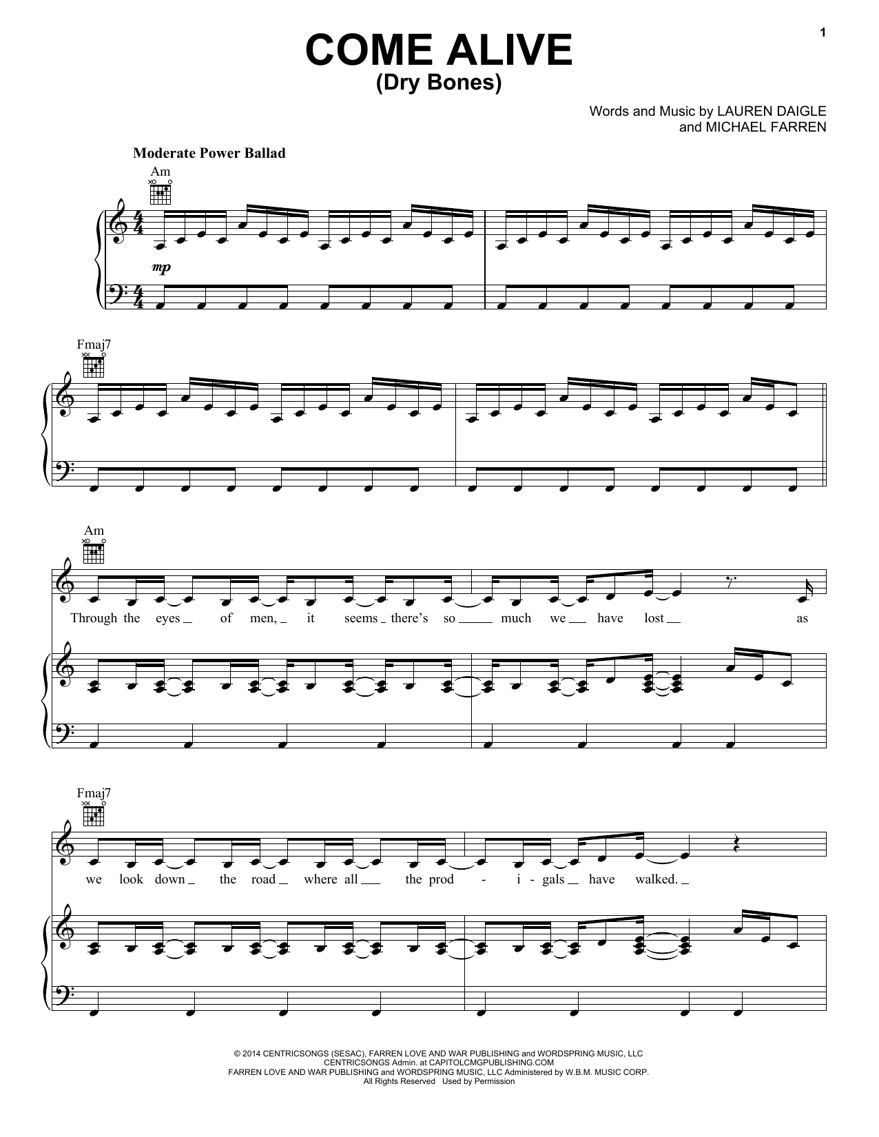 Lauren Daigle Come Alive (Dry Bones) Sheet Music Notes & Chords for Piano, Vocal & Guitar (Right-Hand Melody) - Download or Print PDF