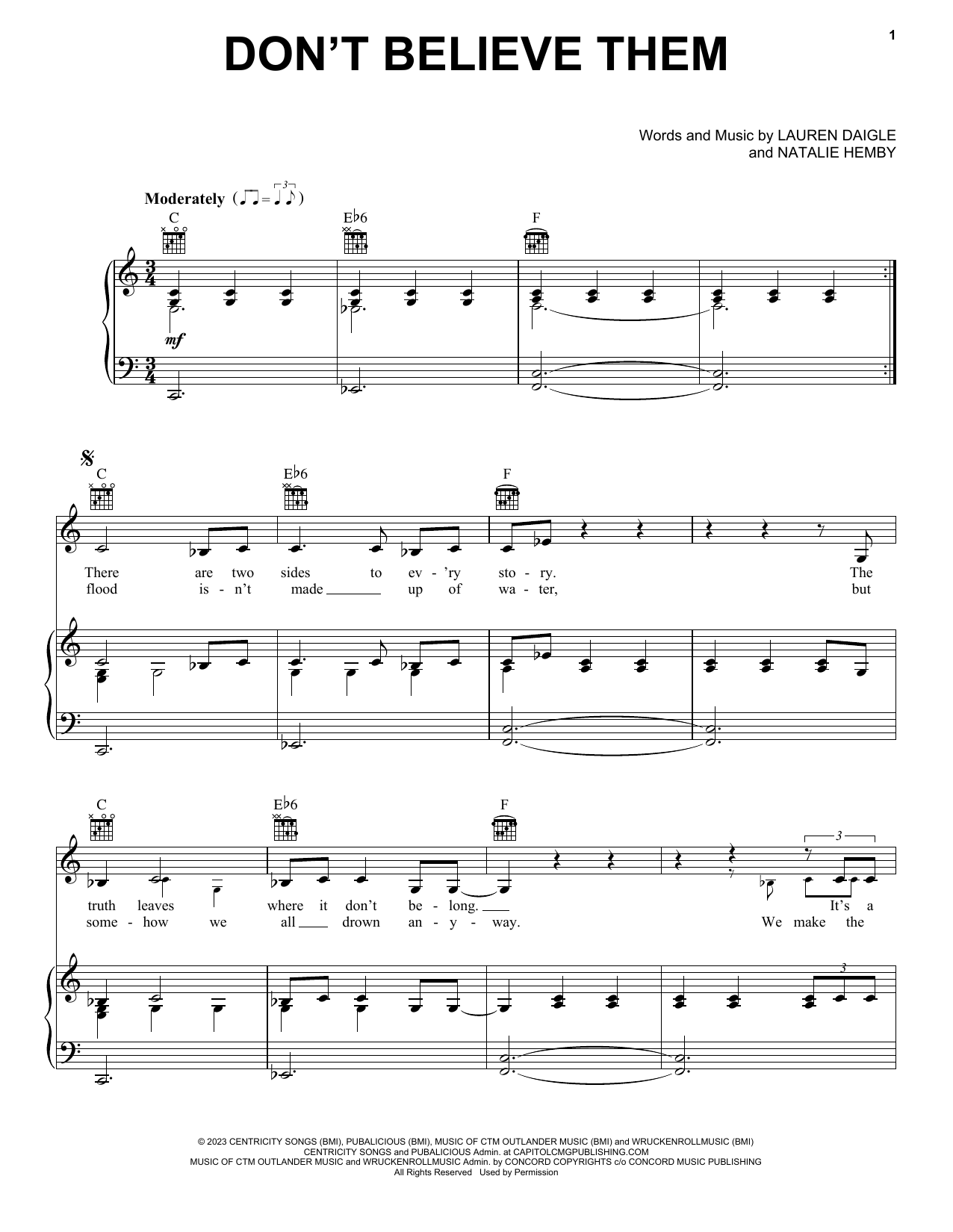 Lauren Daigle Don't Believe Them Sheet Music Notes & Chords for Piano, Vocal & Guitar Chords (Right-Hand Melody) - Download or Print PDF