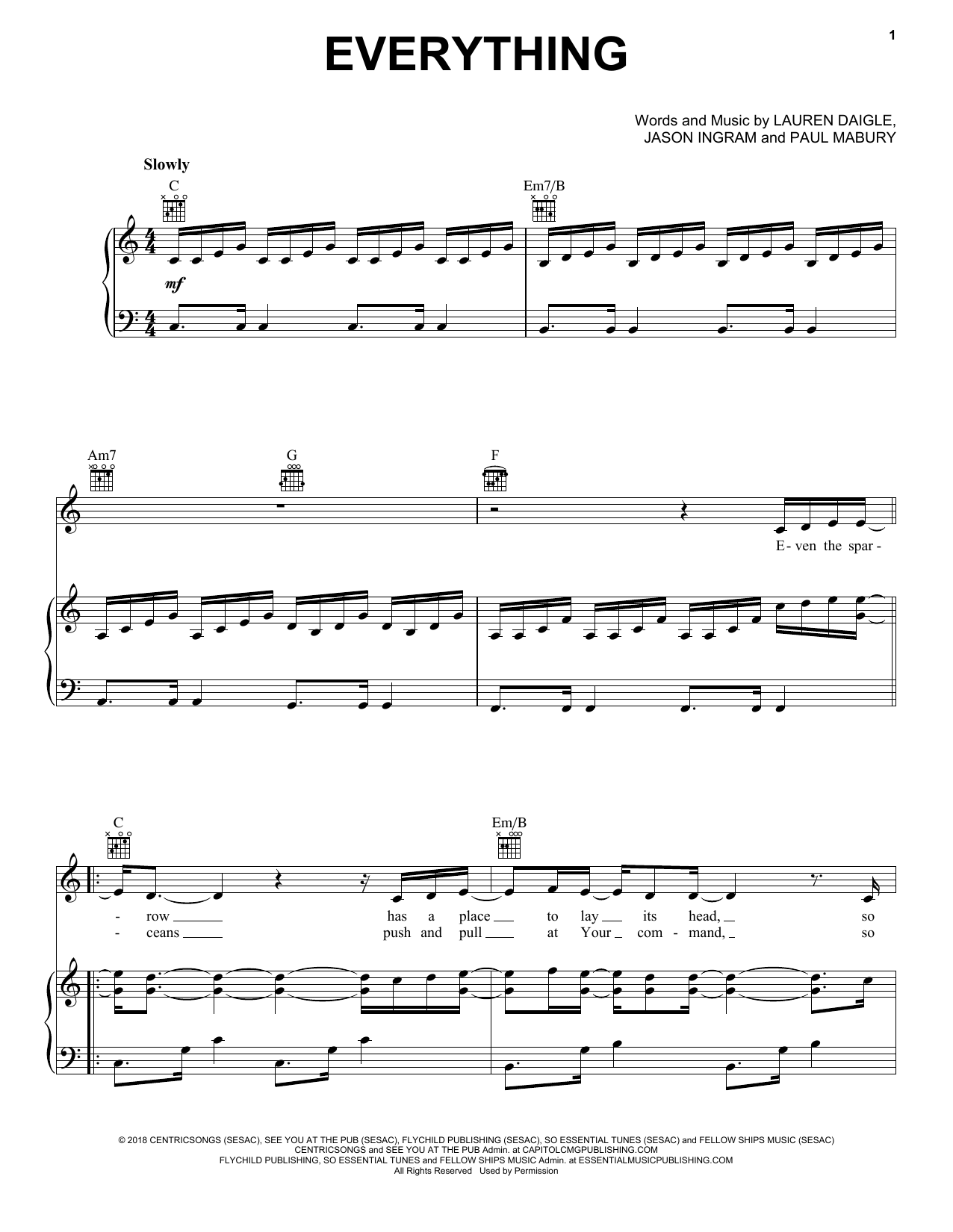 Lauren Daigle Everything Sheet Music Notes & Chords for Piano, Vocal & Guitar (Right-Hand Melody) - Download or Print PDF