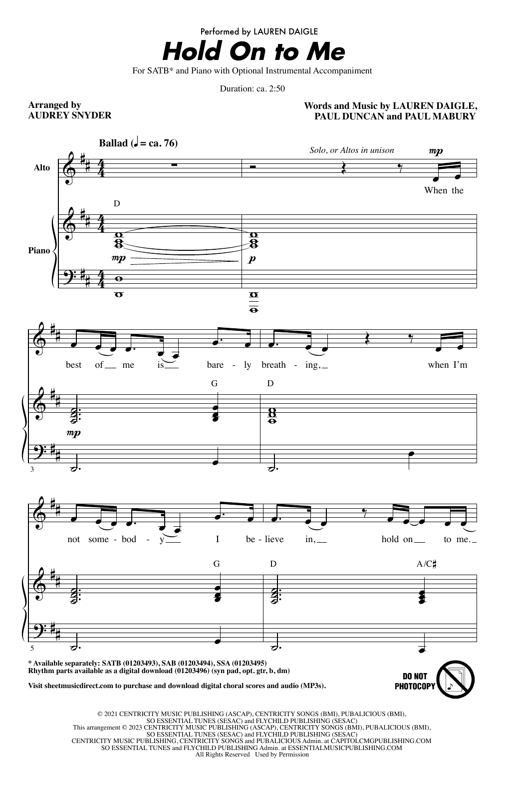 Lauren Daigle Hold On To Me (arr. Audrey Snyder) Sheet Music Notes & Chords for SSA Choir - Download or Print PDF