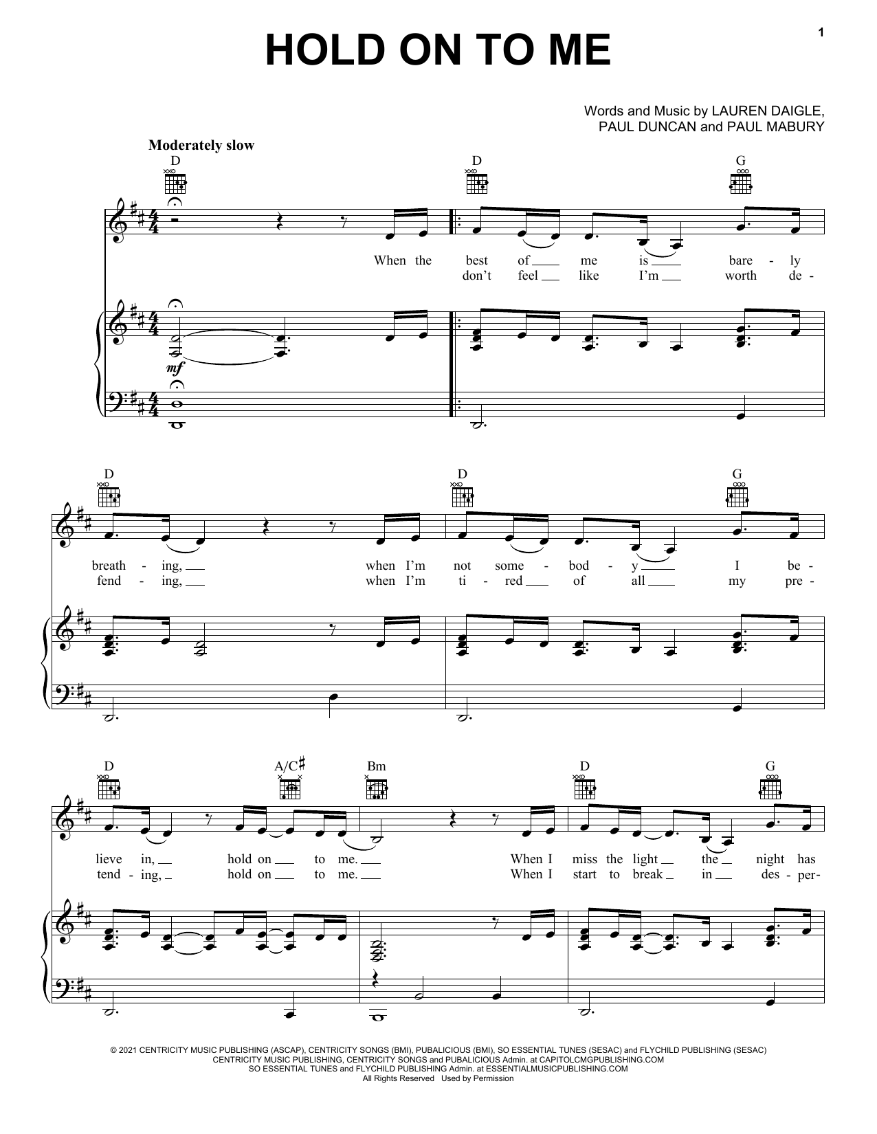 Lauren Daigle Hold On To Me Sheet Music Notes & Chords for Piano, Vocal & Guitar (Right-Hand Melody) - Download or Print PDF
