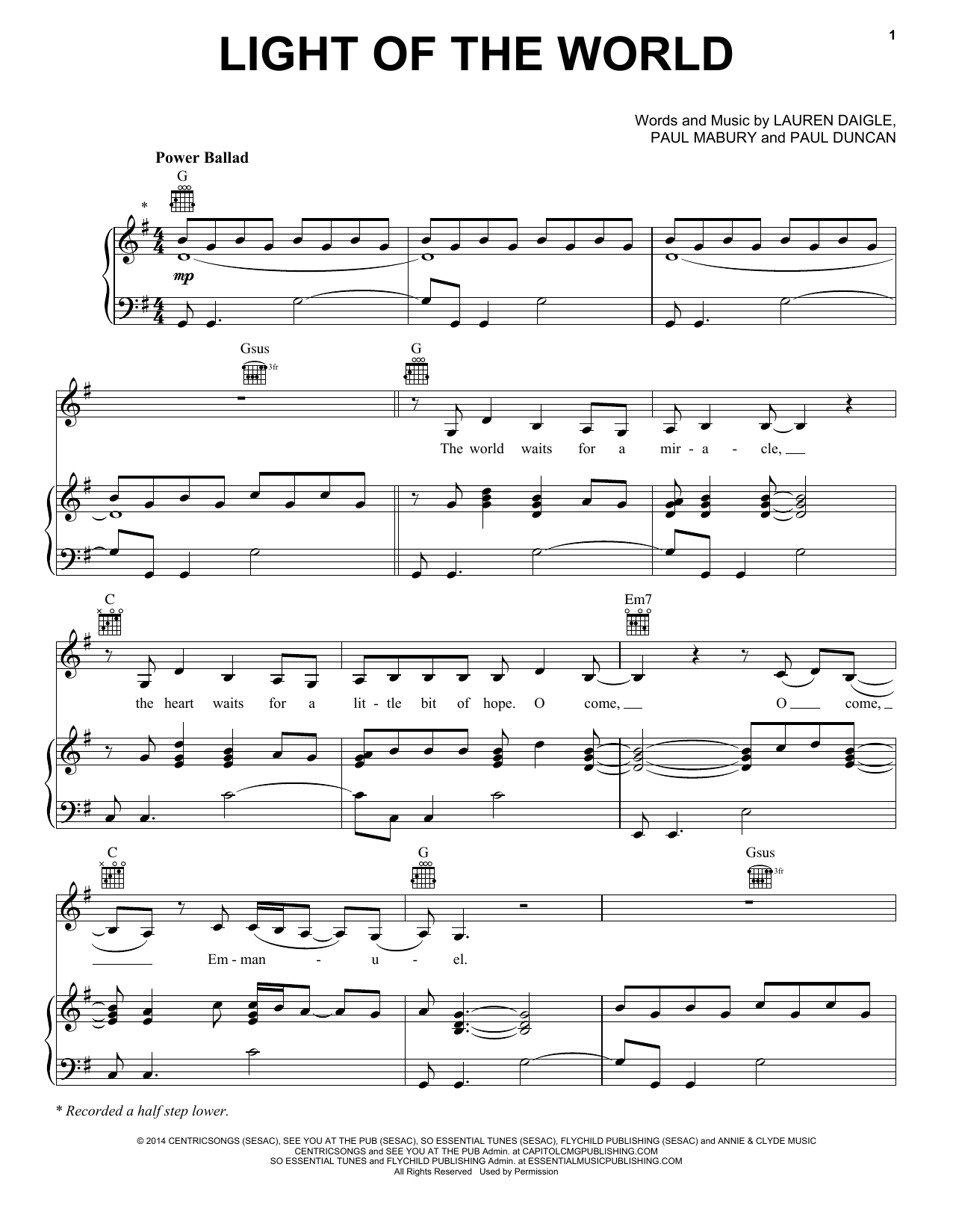 Lauren Daigle Light Of The World Sheet Music Notes & Chords for Piano, Vocal & Guitar (Right-Hand Melody) - Download or Print PDF