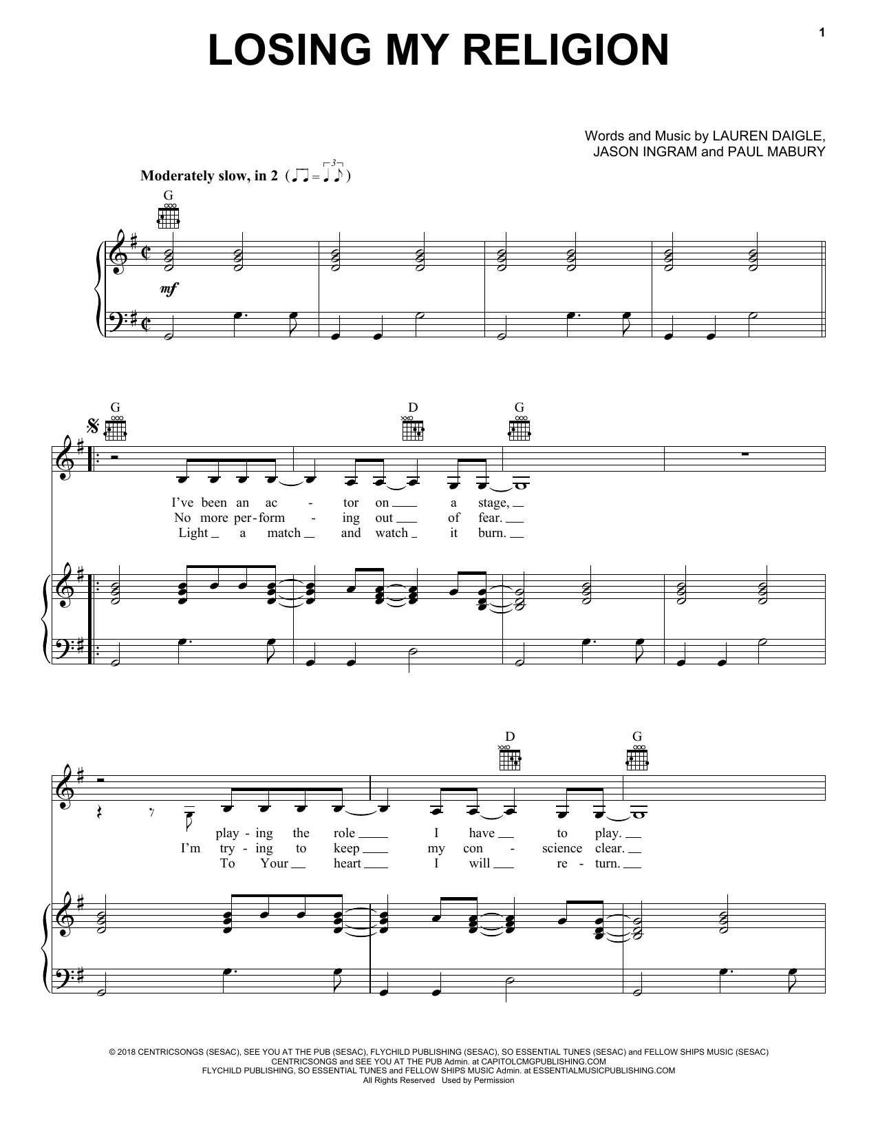 Lauren Daigle Losing My Religion Sheet Music Notes & Chords for Easy Piano - Download or Print PDF