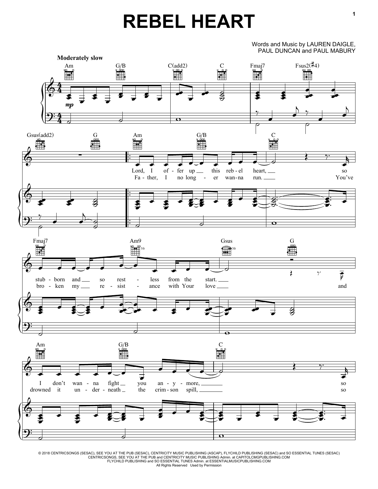 Lauren Daigle Rebel Heart Sheet Music Notes & Chords for Easy Piano - Download or Print PDF