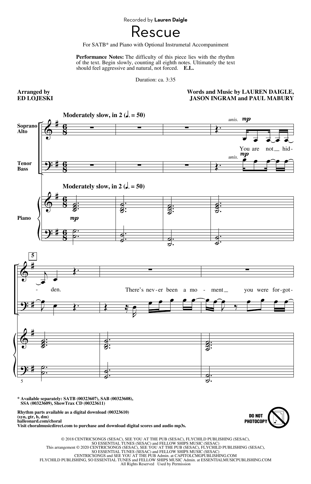 Lauren Daigle Rescue (arr. Ed Lojeski) Sheet Music Notes & Chords for SAB Choir - Download or Print PDF