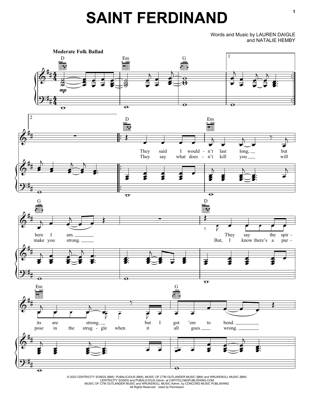 Lauren Daigle Saint Ferdinand Sheet Music Notes & Chords for Piano, Vocal & Guitar Chords (Right-Hand Melody) - Download or Print PDF