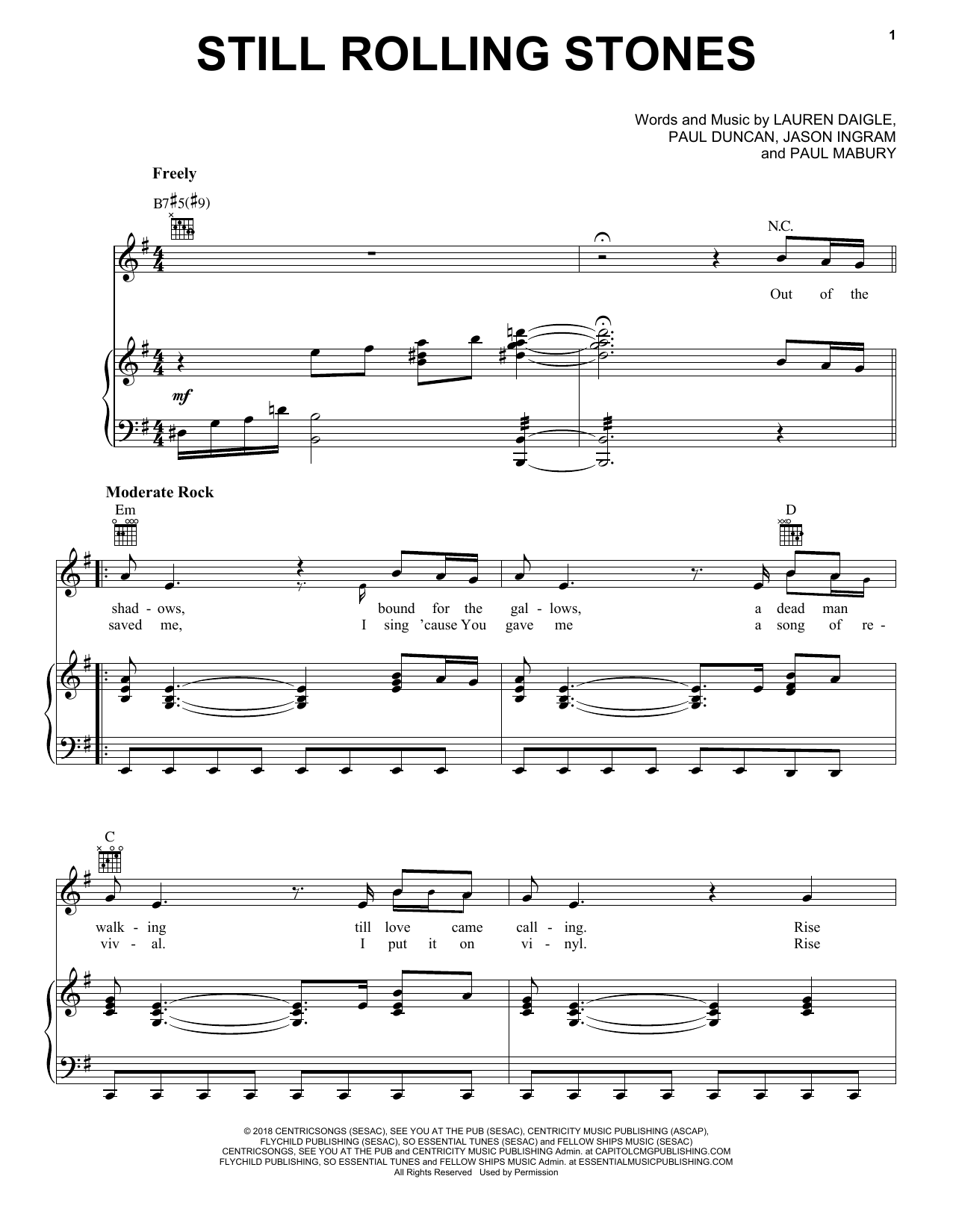 Lauren Daigle Still Rolling Stones Sheet Music Notes & Chords for Piano, Vocal & Guitar (Right-Hand Melody) - Download or Print PDF
