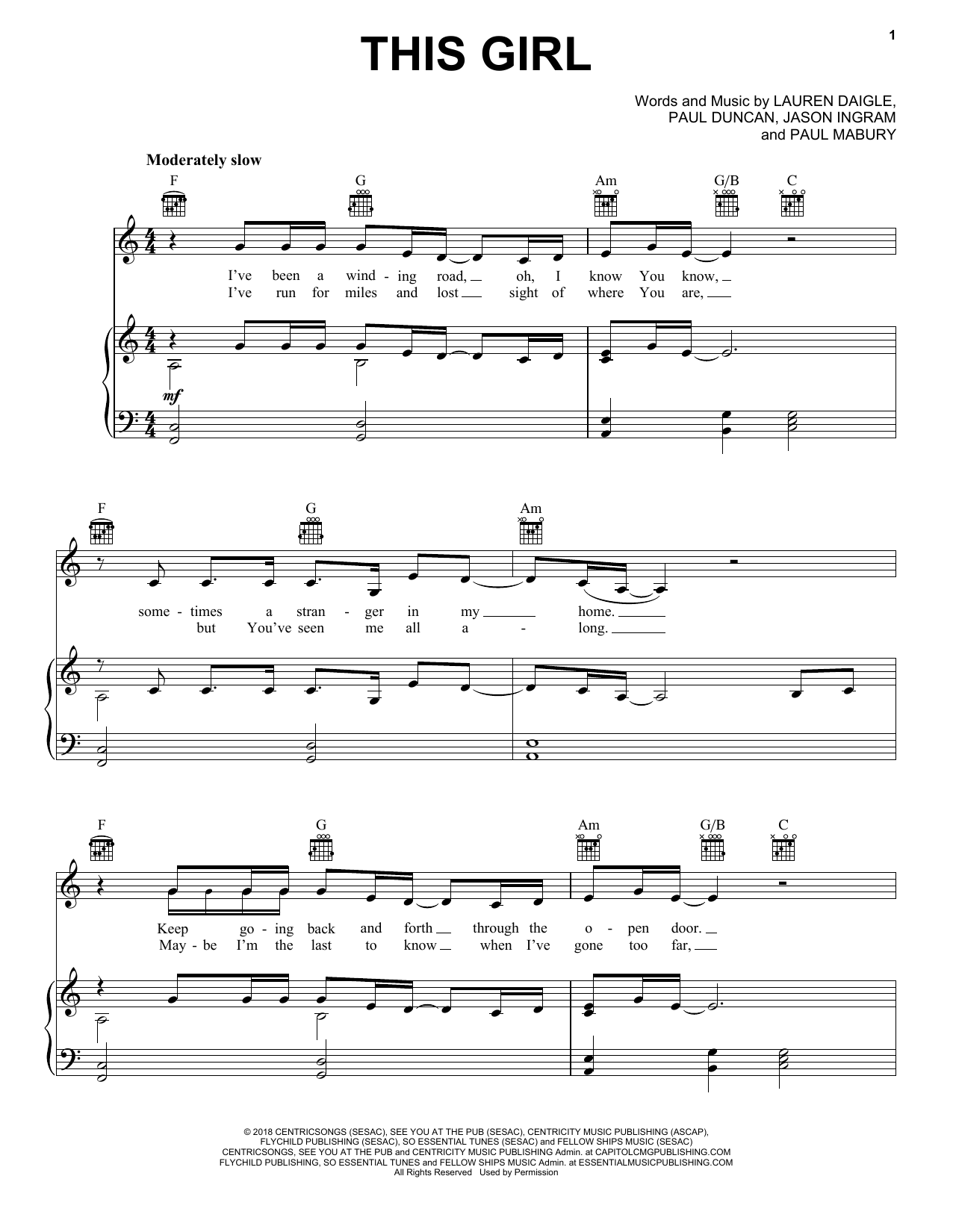 Lauren Daigle This Girl Sheet Music Notes & Chords for Piano, Vocal & Guitar (Right-Hand Melody) - Download or Print PDF