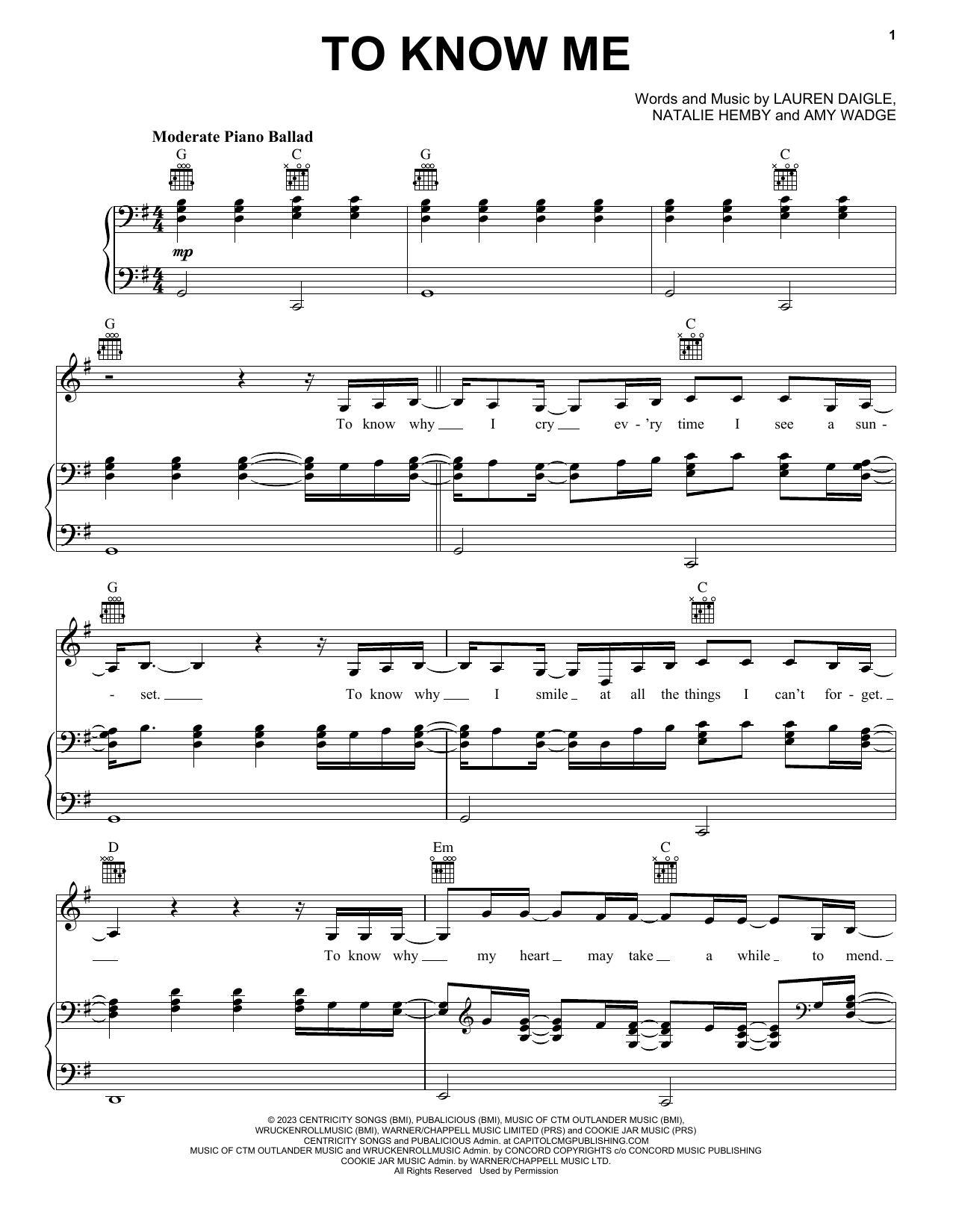 Lauren Daigle To Know Me Sheet Music Notes & Chords for Piano, Vocal & Guitar Chords (Right-Hand Melody) - Download or Print PDF