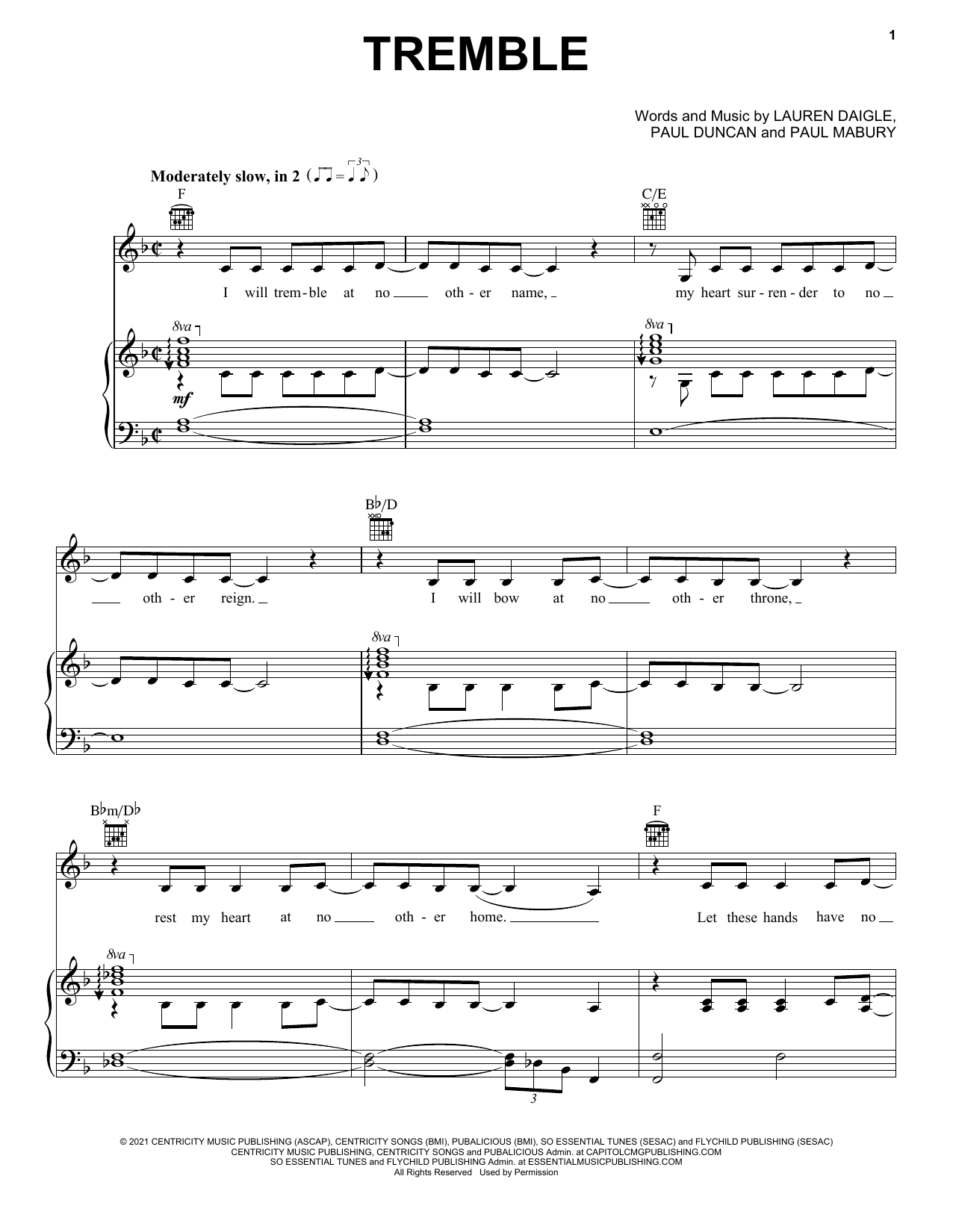 Lauren Daigle Tremble Sheet Music Notes & Chords for Piano, Vocal & Guitar (Right-Hand Melody) - Download or Print PDF