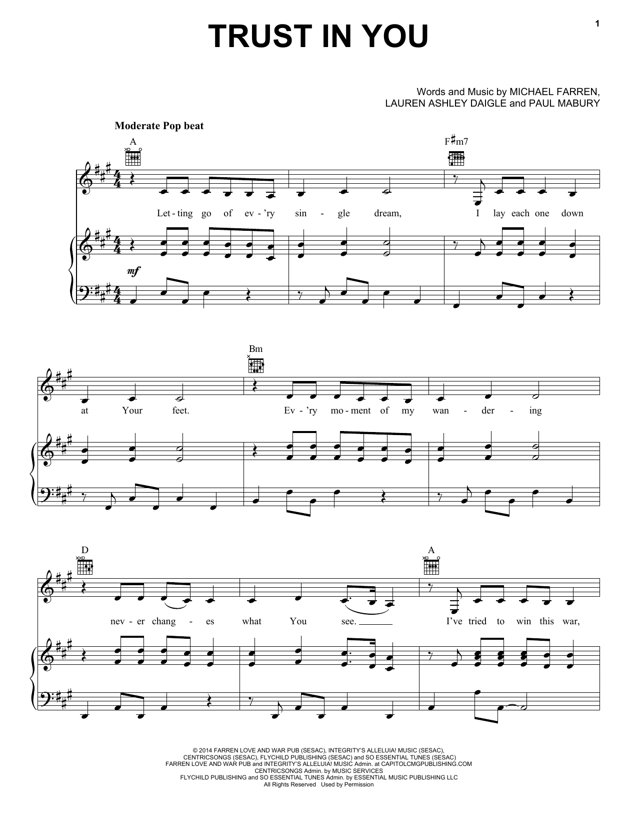 Lauren Ashley Daigle Trust In You Sheet Music Notes & Chords for Piano, Vocal & Guitar (Right-Hand Melody) - Download or Print PDF