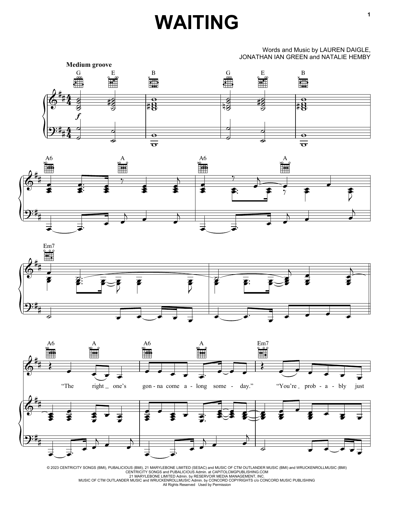 Lauren Daigle Waiting Sheet Music Notes & Chords for Piano, Vocal & Guitar Chords (Right-Hand Melody) - Download or Print PDF
