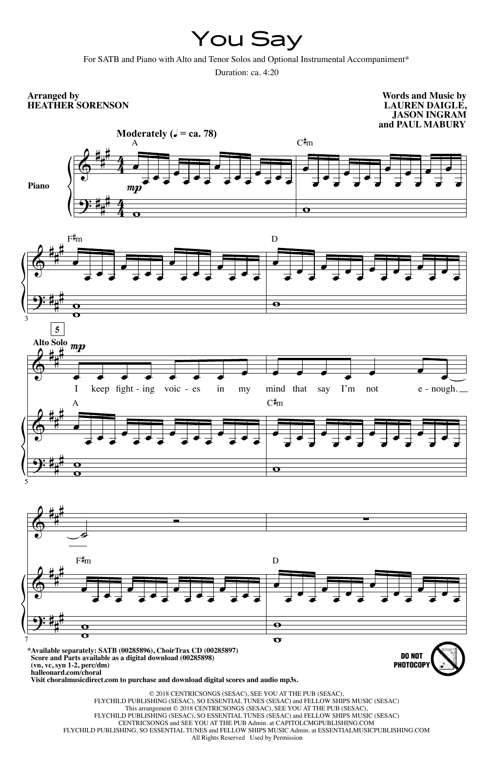 Lauren Daigle You Say (arr. Heather Sorenson) Sheet Music Notes & Chords for SSA Choir - Download or Print PDF