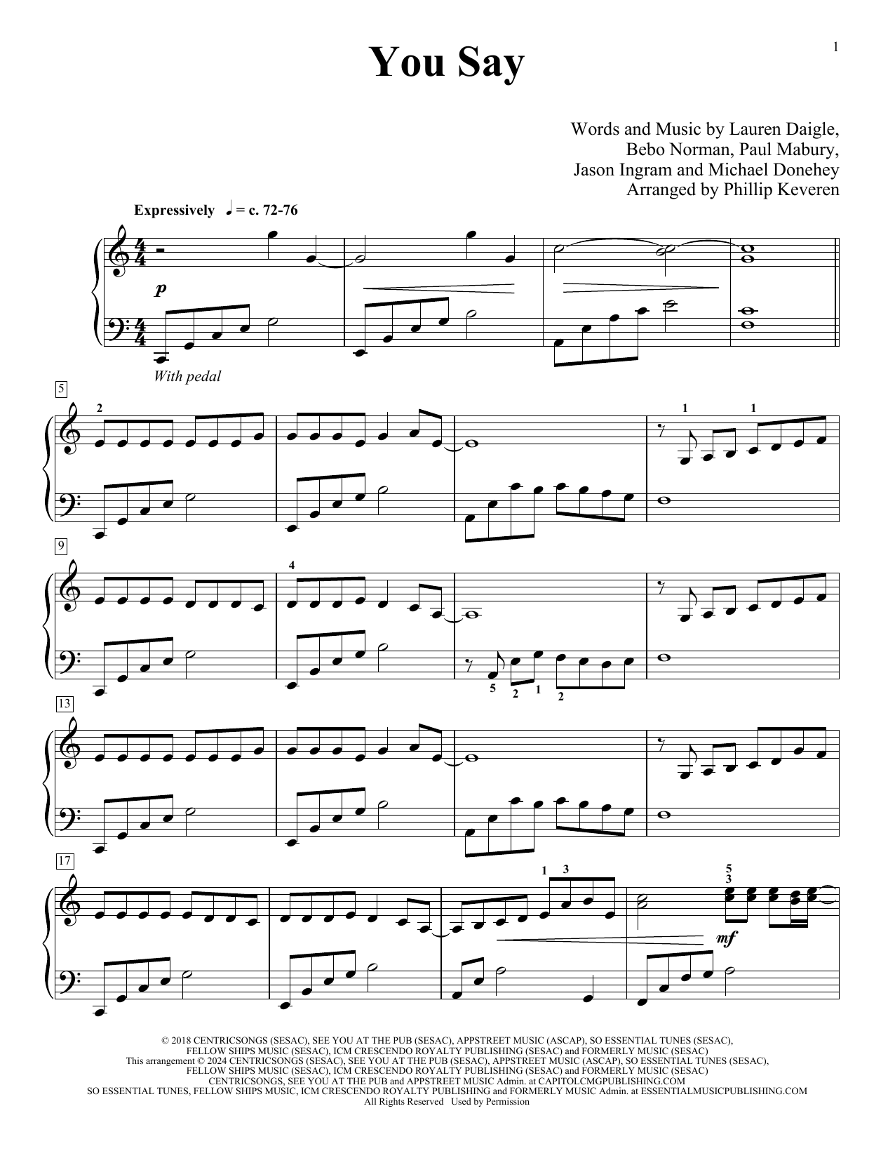 Lauren Daigle You Say (arr. Phillip Keveren) Sheet Music Notes & Chords for Piano Solo - Download or Print PDF