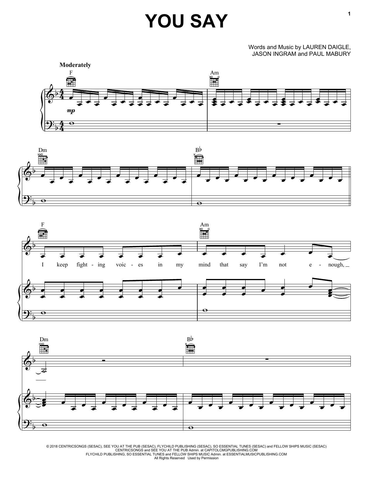 Lauren Daigle You Say Sheet Music Notes & Chords for Big Note Piano - Download or Print PDF